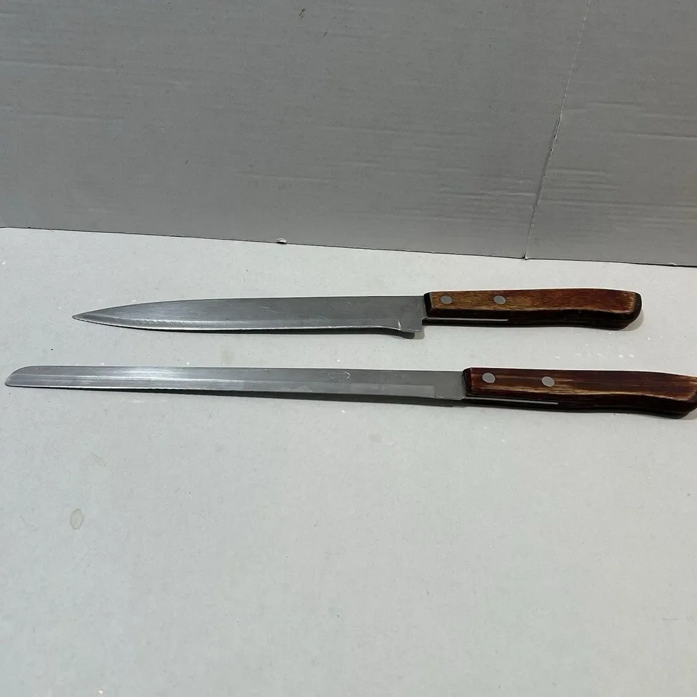 Vintage ITI Japan Stainless Steel 2-Pc Knife Set Slicer Chef Wood Handle